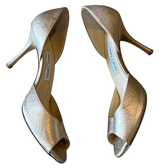 Authentic Jimmy Choo Shimmer Champagne Gold Leather Peep Toe Heel Size 39.5 - Picture 4 of 5